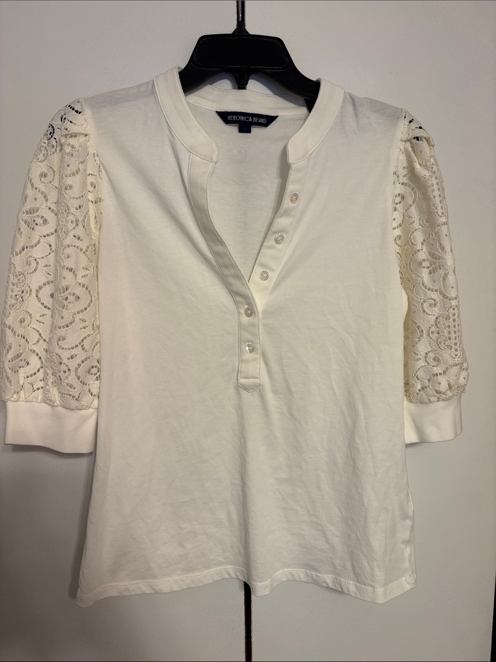 Veronica Beard Cream Lace-Sleeve Henley Tee